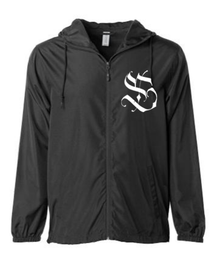 Front of black SET TO STUN windbreaker